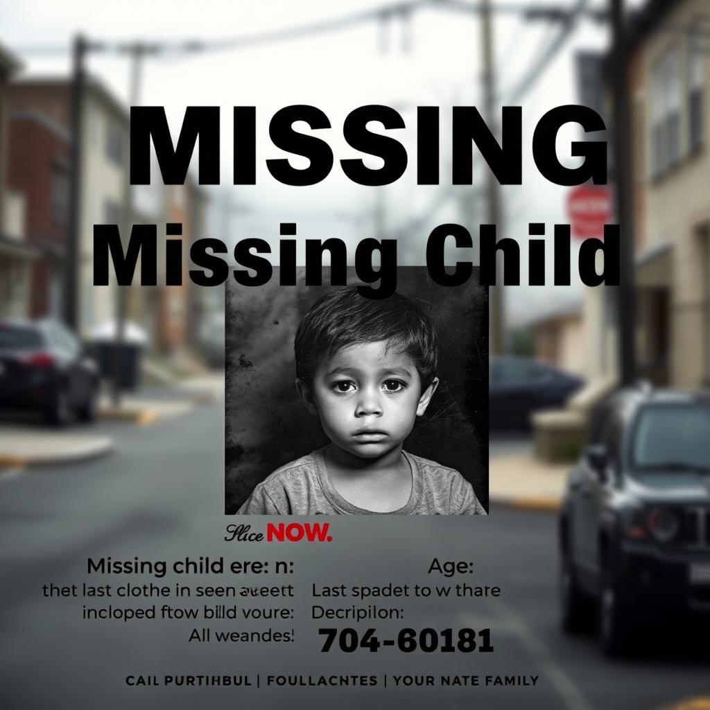 A somber and emotionally impactful poster for a missing child case