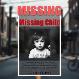 A somber and emotionally impactful poster for a missing child case