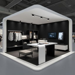 Perspective 360° view of a 3 meters by 3 meters booth designed for a minimalist and contemporary men's clothing brand