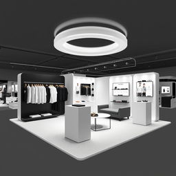 Perspective 360° view of a 3 meters by 3 meters booth designed for a minimalist and contemporary men's clothing brand