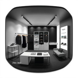 Perspective 360° view of a 3 meters by 3 meters booth designed for a minimalist and contemporary men's clothing brand