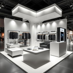 Perspective 360° view of a 3 meters by 3 meters booth designed for a minimalist and contemporary men's clothing brand