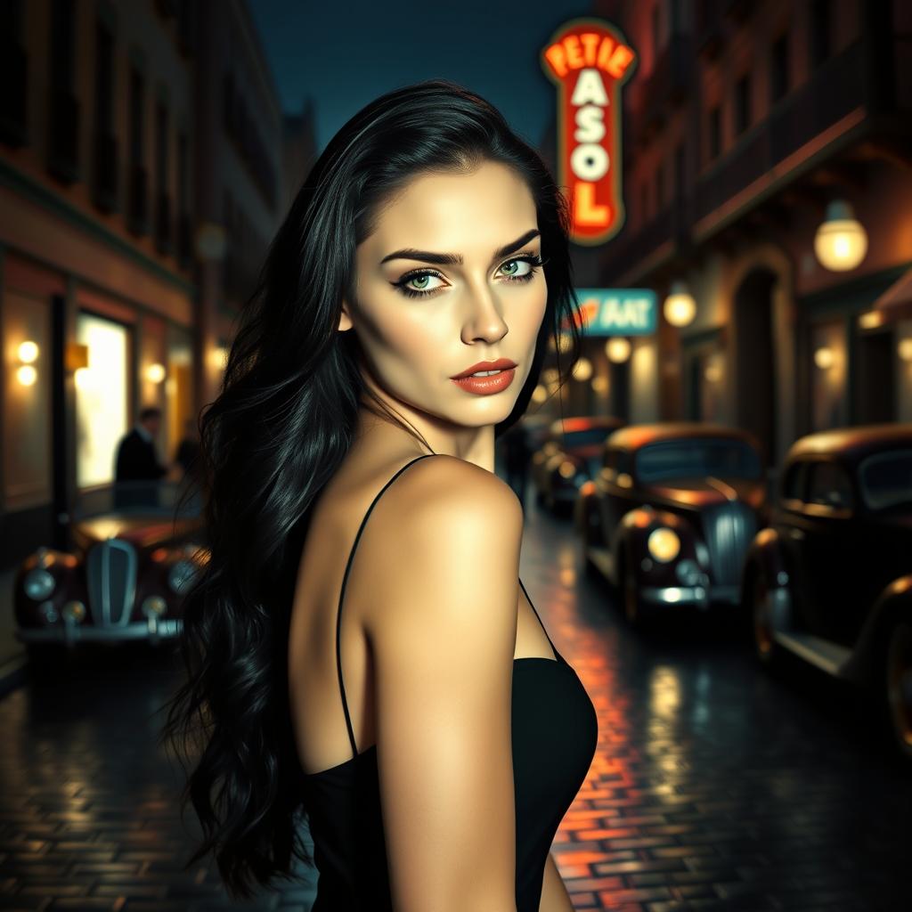 An alluring and mysterious femme fatale in an elegant black dress, posed confidently against a dimly lit urban nightscape