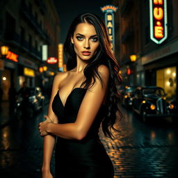 An alluring and mysterious femme fatale in an elegant black dress, posed confidently against a dimly lit urban nightscape