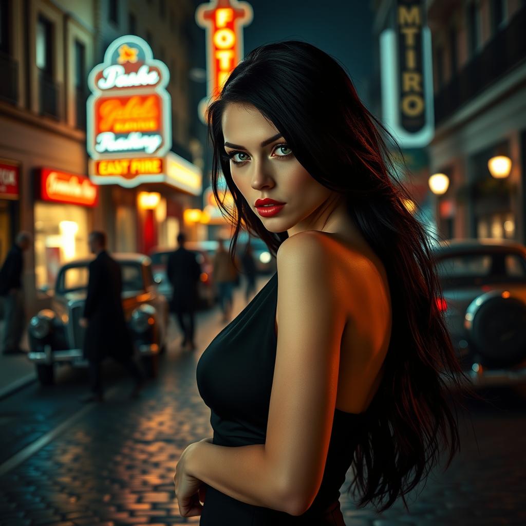 An alluring and mysterious femme fatale in an elegant black dress, posed confidently against a dimly lit urban nightscape