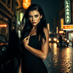 An alluring and mysterious femme fatale in an elegant black dress, posed confidently against a dimly lit urban nightscape