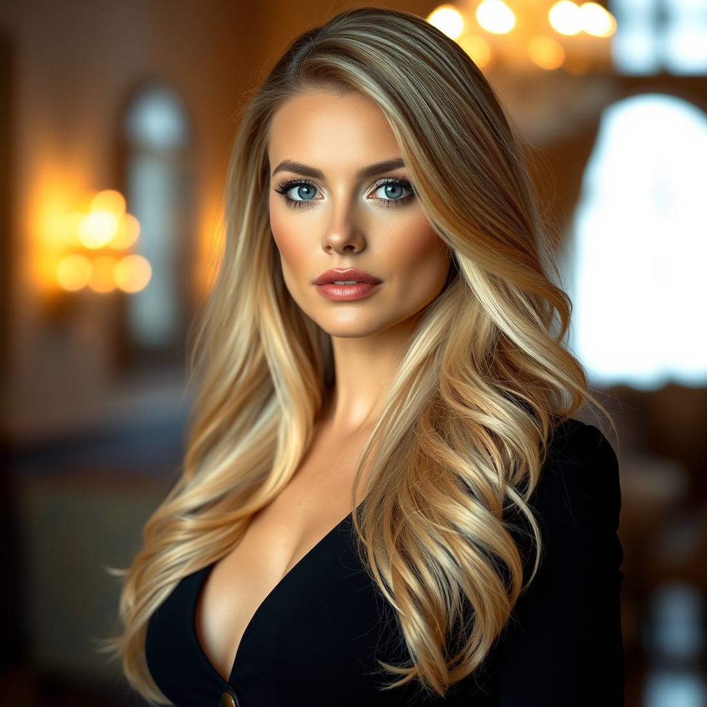 A portrait of a woman with long, flowing blonde hair and striking features