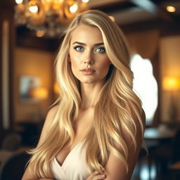 A portrait of a woman with long, flowing blonde hair and striking features