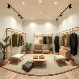 2D perspective 360° view of a 3 meters by 3 meters booth for a minimalist and contemporary men's clothing brand, using natural colors and materials