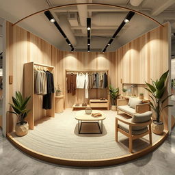 2D perspective 360° view of a 3 meters by 3 meters booth for a minimalist and contemporary men's clothing brand, using natural colors and materials