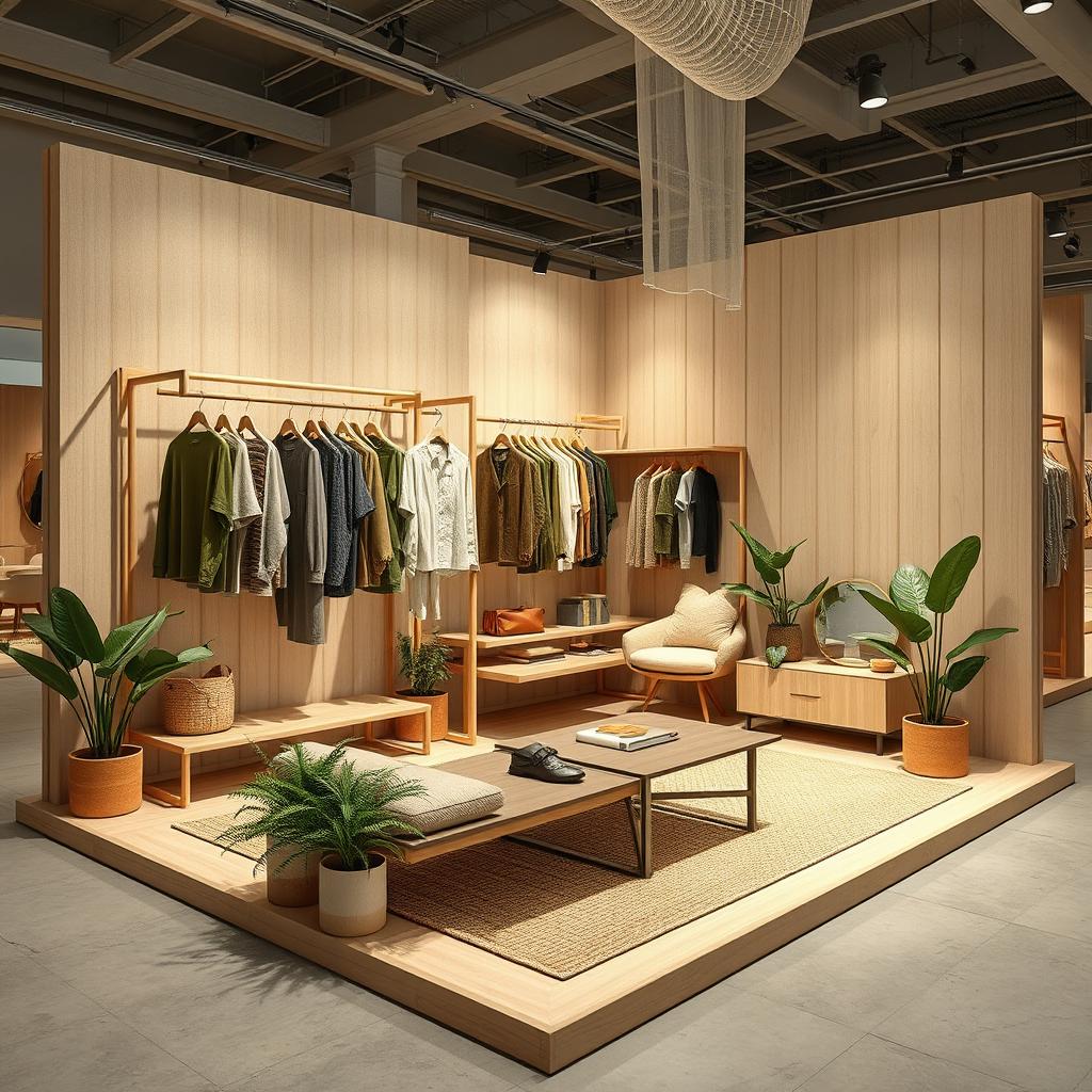 2D perspective 360° view of a 3 meters by 3 meters booth for a minimalist and contemporary men's clothing brand, using natural colors and materials