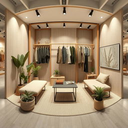 2D perspective 360° view of a 3 meters by 3 meters booth for a minimalist and contemporary men's clothing brand, using natural colors and materials