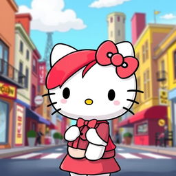 Hello Kitty character with vibrant red hair, cute and stylish, set in a charming cartoon cityscape