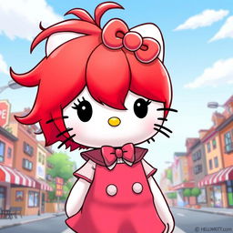 Hello Kitty character with vibrant red hair, cute and stylish, set in a charming cartoon cityscape