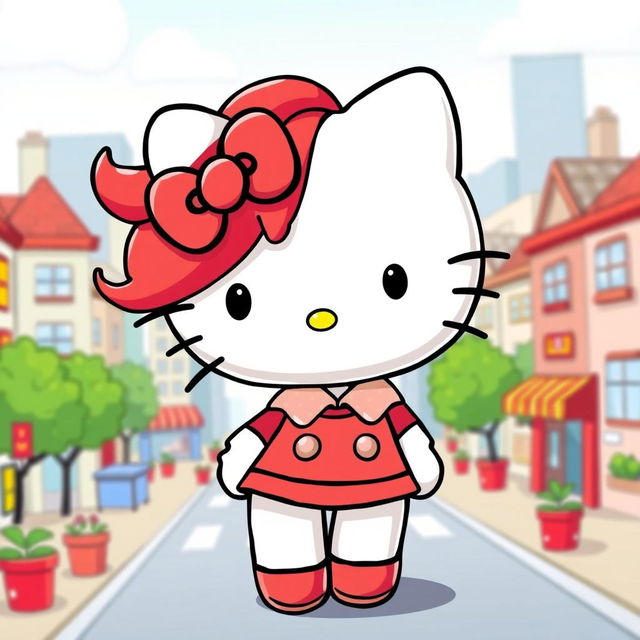 Hello Kitty character with vibrant red hair, cute and stylish, set in a charming cartoon cityscape