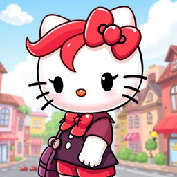 Hello Kitty character with vibrant red hair, cute and stylish, set in a charming cartoon cityscape