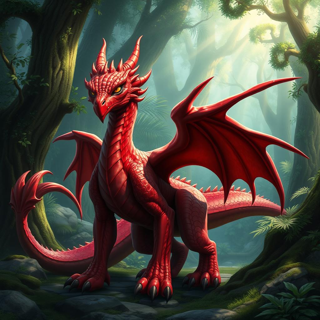 a striking, fearsome red draconato without its usual tail and wings, standing majestically with its scales glistening under the sunlight