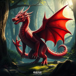 a striking, fearsome red draconato without its usual tail and wings, standing majestically with its scales glistening under the sunlight