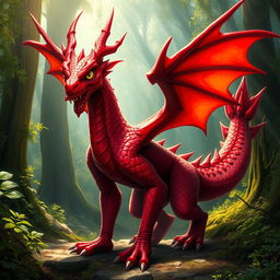 a striking, fearsome red draconato without its usual tail and wings, standing majestically with its scales glistening under the sunlight