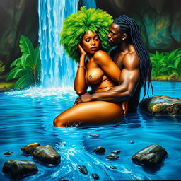 A polished, oil-based painting featuring a full nude macro worm's eye view of a gorgeous black woman with a bright green tree afro, beautiful breasts, and a big booty