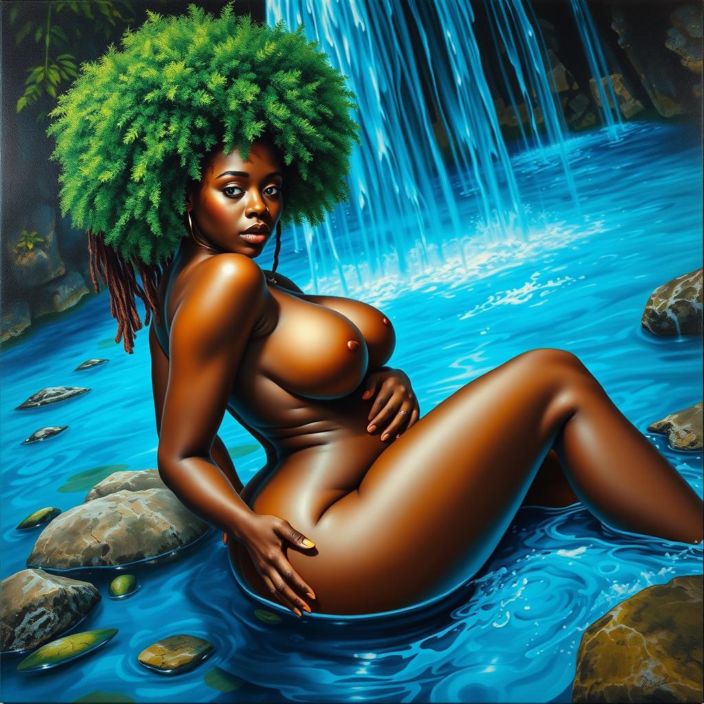 A polished, oil-based painting featuring a full nude macro worm's eye view of a gorgeous black woman with a bright green tree afro, beautiful breasts, and a big booty