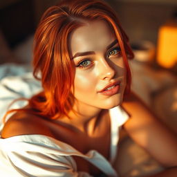 A sexy, beautiful model with captivating green eyes and striking red hair, fully clothed, laying on a bed in alluring orange sunset light