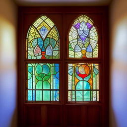 A luxurious walk-in closet with intricate stained glass windows letting in soft, colorful light.