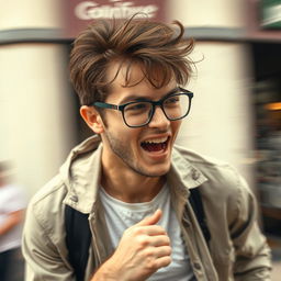 A young man with slightly tousled hair wearing glasses, captured in motion, expressing dynamic energy and activity