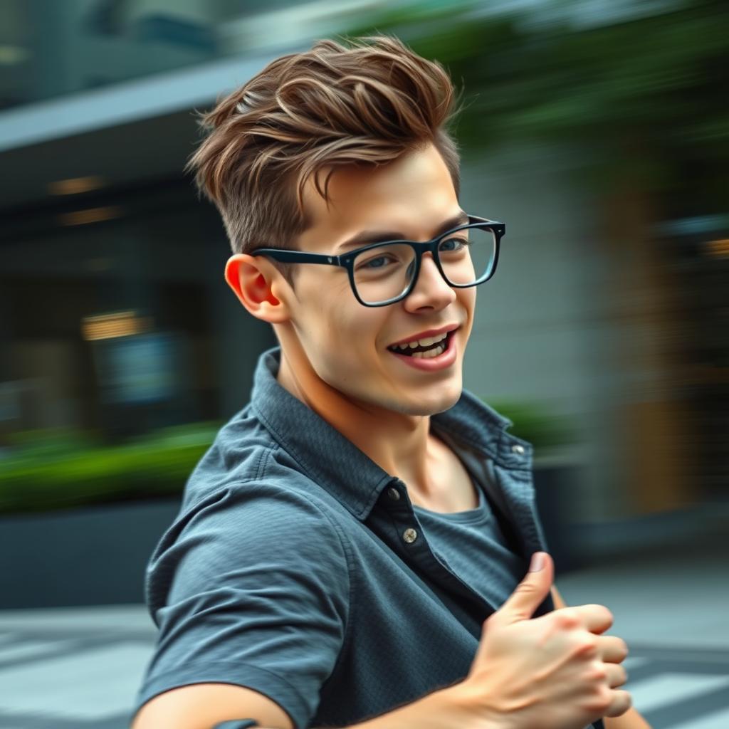 A young man with slightly tousled hair wearing glasses, captured in motion, expressing dynamic energy and activity