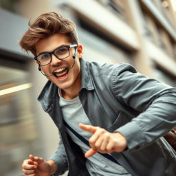 A young man with slightly tousled hair wearing glasses, captured in motion, expressing dynamic energy and activity