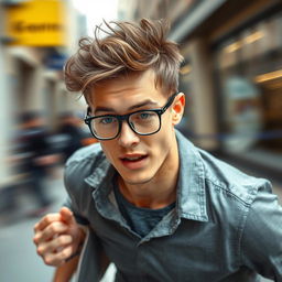 A young man with slightly tousled hair wearing glasses, captured in motion, expressing dynamic energy and activity