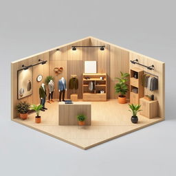 2D perspective floor plan of a 3 meters by 3 meters booth for a minimalist and contemporary men's clothing brand, featuring natural colors and materials