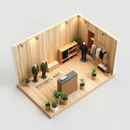 2D perspective floor plan of a 3 meters by 3 meters booth for a minimalist and contemporary men's clothing brand, featuring natural colors and materials