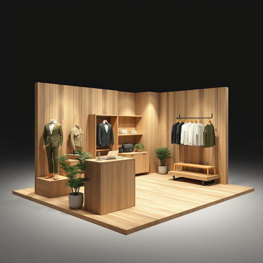 2D perspective floor plan of a 3 meters by 3 meters booth for a minimalist and contemporary men's clothing brand, featuring natural colors and materials