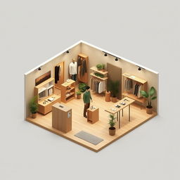 2D perspective floor plan of a 3 meters by 3 meters booth for a minimalist and contemporary men's clothing brand, featuring natural colors and materials