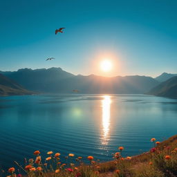 A breathtaking view of a serene lake surrounded by majestic mountains under a clear blue sky