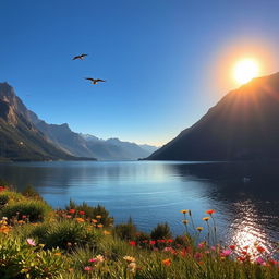 A breathtaking view of a serene lake surrounded by majestic mountains under a clear blue sky