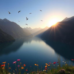 A breathtaking view of a serene lake surrounded by majestic mountains under a clear blue sky