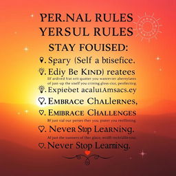 A motivational poster depicting a set of personal rules to inspire self-discipline and positivity