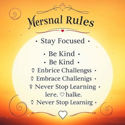 A motivational poster depicting a set of personal rules to inspire self-discipline and positivity