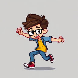 A pixelated sprite of a young man with slightly tousled hair and glasses, depicted in motion, showcasing dynamic energy and activity