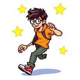 A pixelated sprite of a young man with slightly tousled hair and glasses, depicted in motion, showcasing dynamic energy and activity