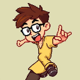 A pixelated sprite of a young man with slightly tousled hair and glasses, depicted in motion, showcasing dynamic energy and activity