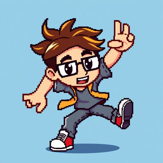 A pixelated sprite of a young man with slightly tousled hair and glasses, depicted in motion, showcasing dynamic energy and activity