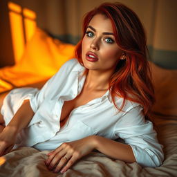 A sexy, beautiful model with captivating green eyes and striking red hair, fully clothed, laying on a bed in alluring orange sunset light