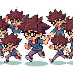 A pixelated sprite of a young man inspired by the style of Pokémon games, featuring tousled hair and glasses