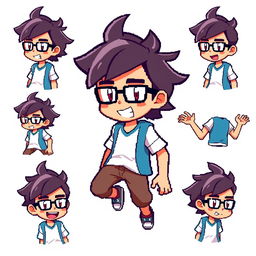 A pixelated sprite of a young man inspired by the style of Pokémon games, featuring tousled hair and glasses