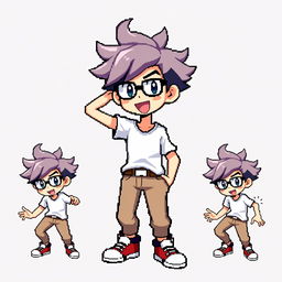 A pixelated sprite of a young man inspired by the style of Pokémon games, featuring tousled hair and glasses