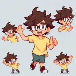 A pixelated sprite of a young man inspired by the style of Pokémon games, featuring tousled hair and glasses