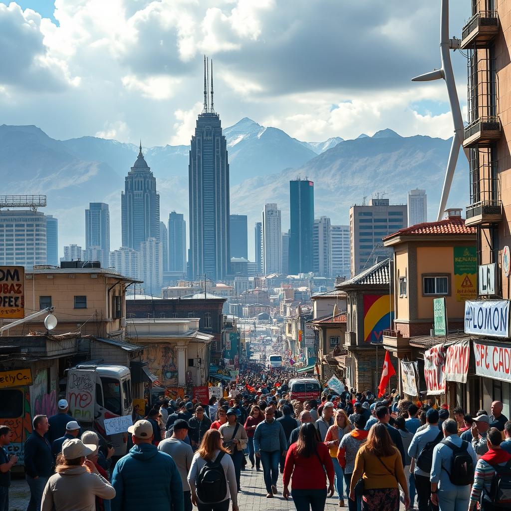 A futuristic portrayal of La Paz, Bolivia, set a few years in the future amidst ongoing political and economic conflicts